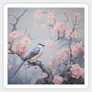 Grey and pink chinoiserie painting with birds and flowers Sticker